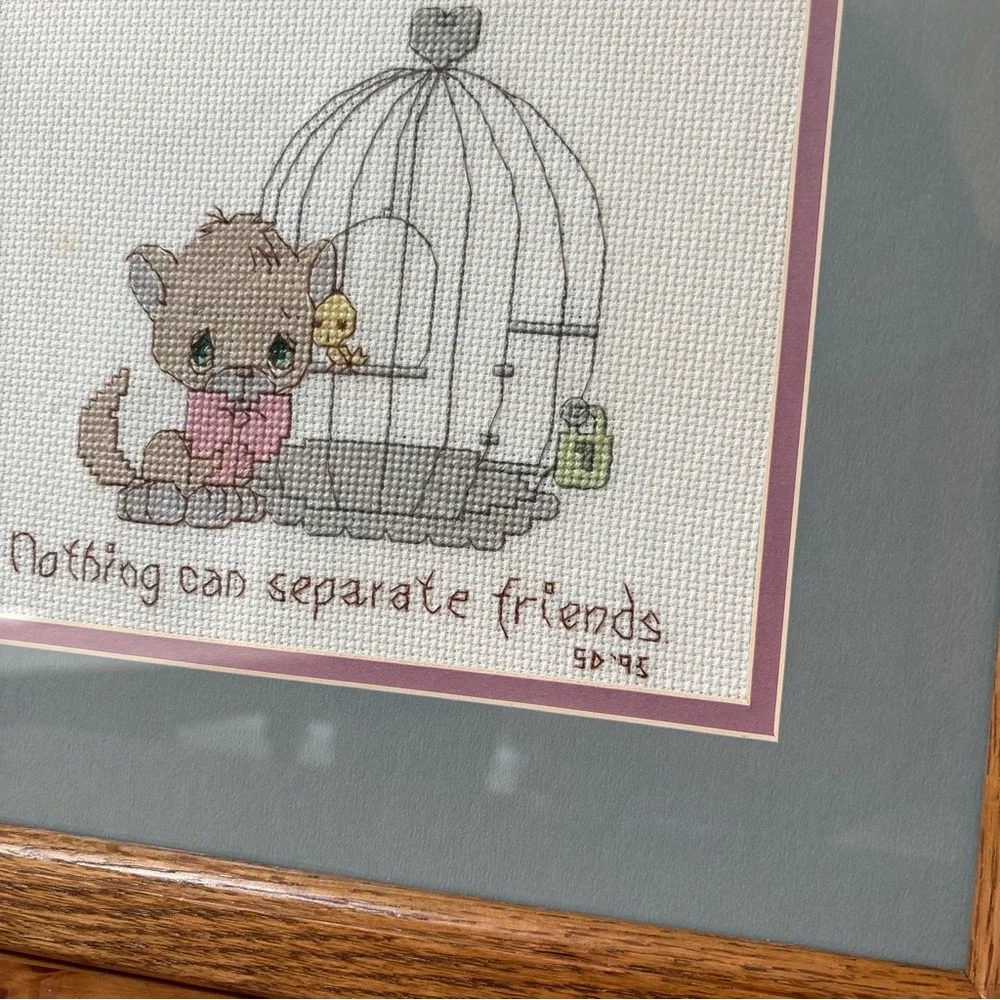 Vintage Framed Grandmacore Cat & Bird Friends Needlepoint Wallhanging